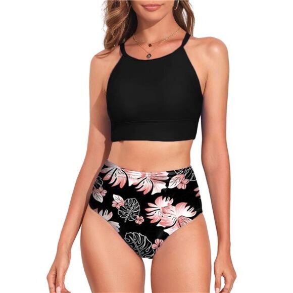 SHEWIN Women's Bikini Set High Waist Swimsuit High Neck Tropical Leaf Print - Picture 1 of 5